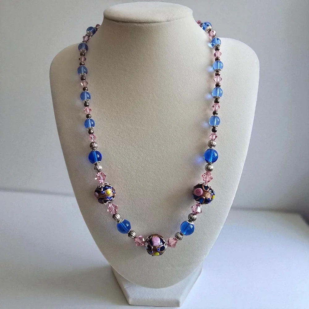 Murano Glass Wedding Cake Bead Necklace Sterling 925 Blue Pink Venetian Lampwork